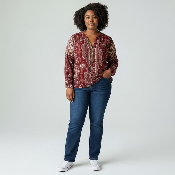 Tiny Tops - TINY Womens Paisley Sequin Henley Blouse Burgundy Boho Long Sleeve Top Medium